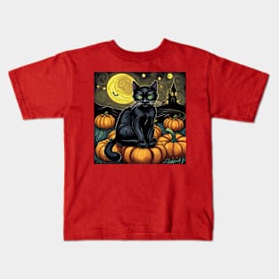 Halloween Black Cat Pumpkin Van Gogh Style Kids T-Shirt